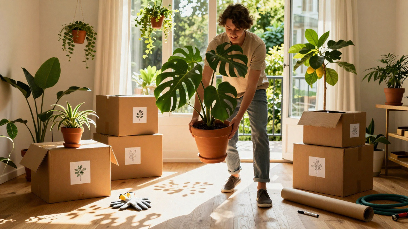 Pessoa jovem cuidando de plantas em vaso dentro de sala iluminada com caixas de mudança ao redor.