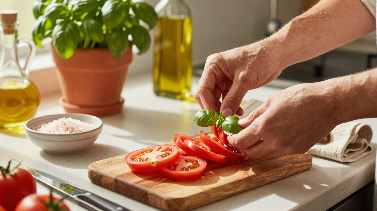 Mãos decorando fatias de tomate com manjericão em tábua de corte, ao lado de azeite, sal e planta.