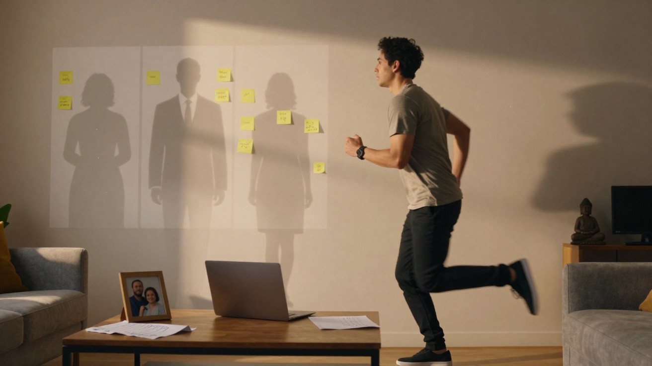 Homem correndo em sala com post-its na parede e sombras de três pessoas projetadas.