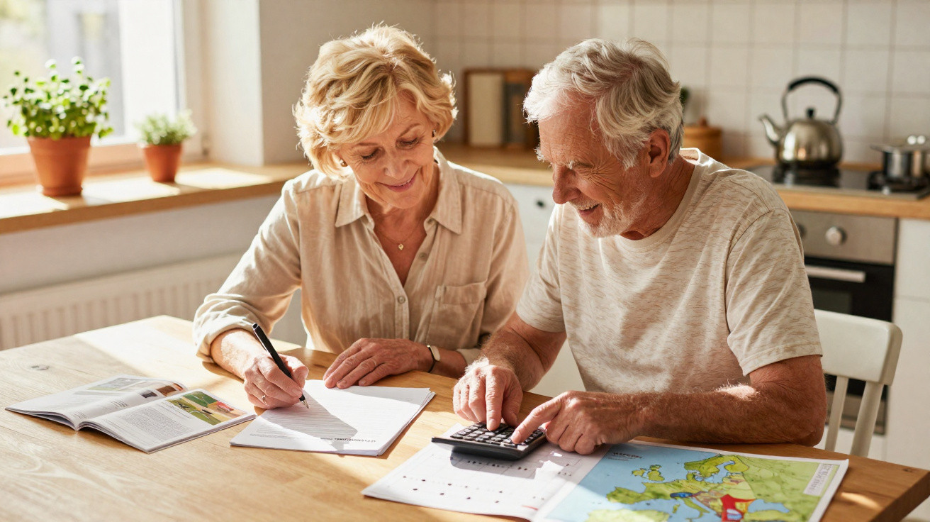 Casal idoso planejando viagem com mapa, calculadora e anotando informações em cozinha iluminada.