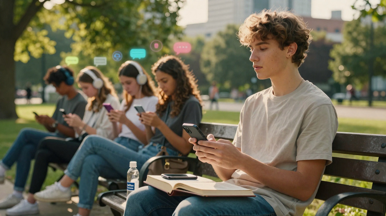 Jovens sentados em banco de parque, concentrados em seus celulares, com balões de diálogo coloridos acima.