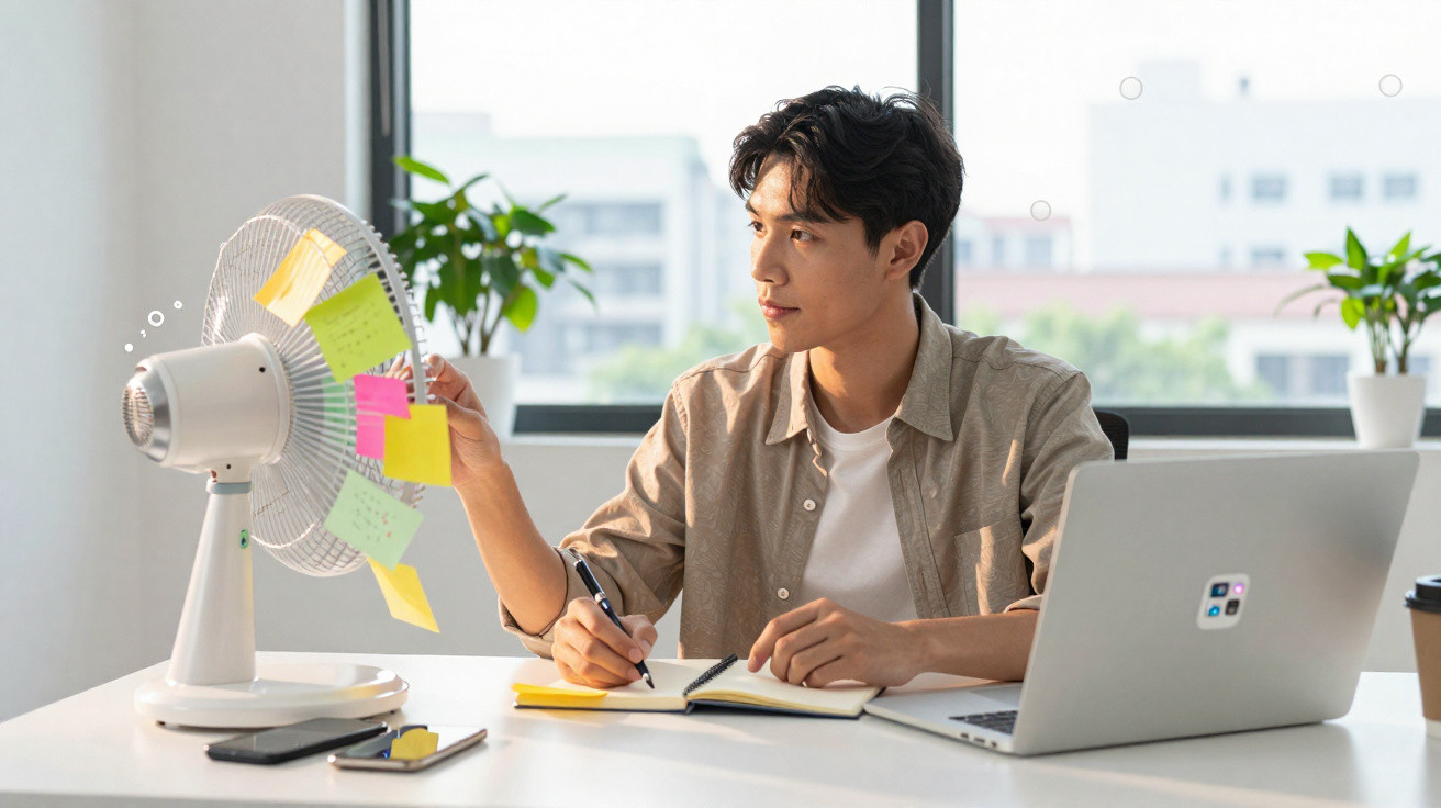 Homem sentado em mesa de trabalho com laptop, escrevendo em caderno e pegando post-its presos em ventilador.