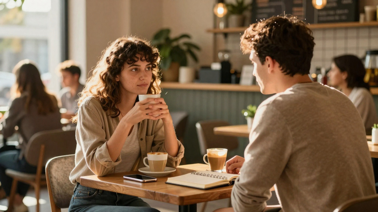 Jovem mulher e homem conversando em café com xícaras de café e caderno na mesa.
