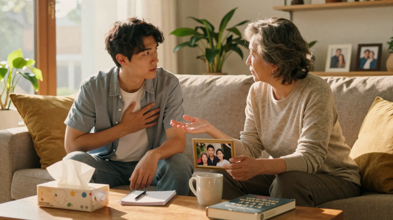 Jovem e idosa conversando no sofá, segurando foto de família, com livro e lenços na mesa.