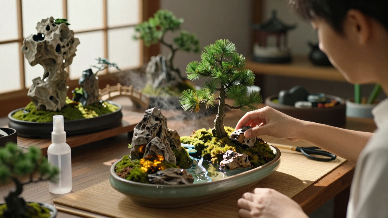Pessoa cuidando de mini jardim japonês com pedras, musgo e pinheiro em bandeja decorativa.