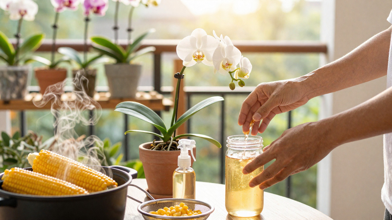 Pessoa misturando mel em pote com abelhas, milho cozido e orquídea branca em mesa iluminada pelo sol