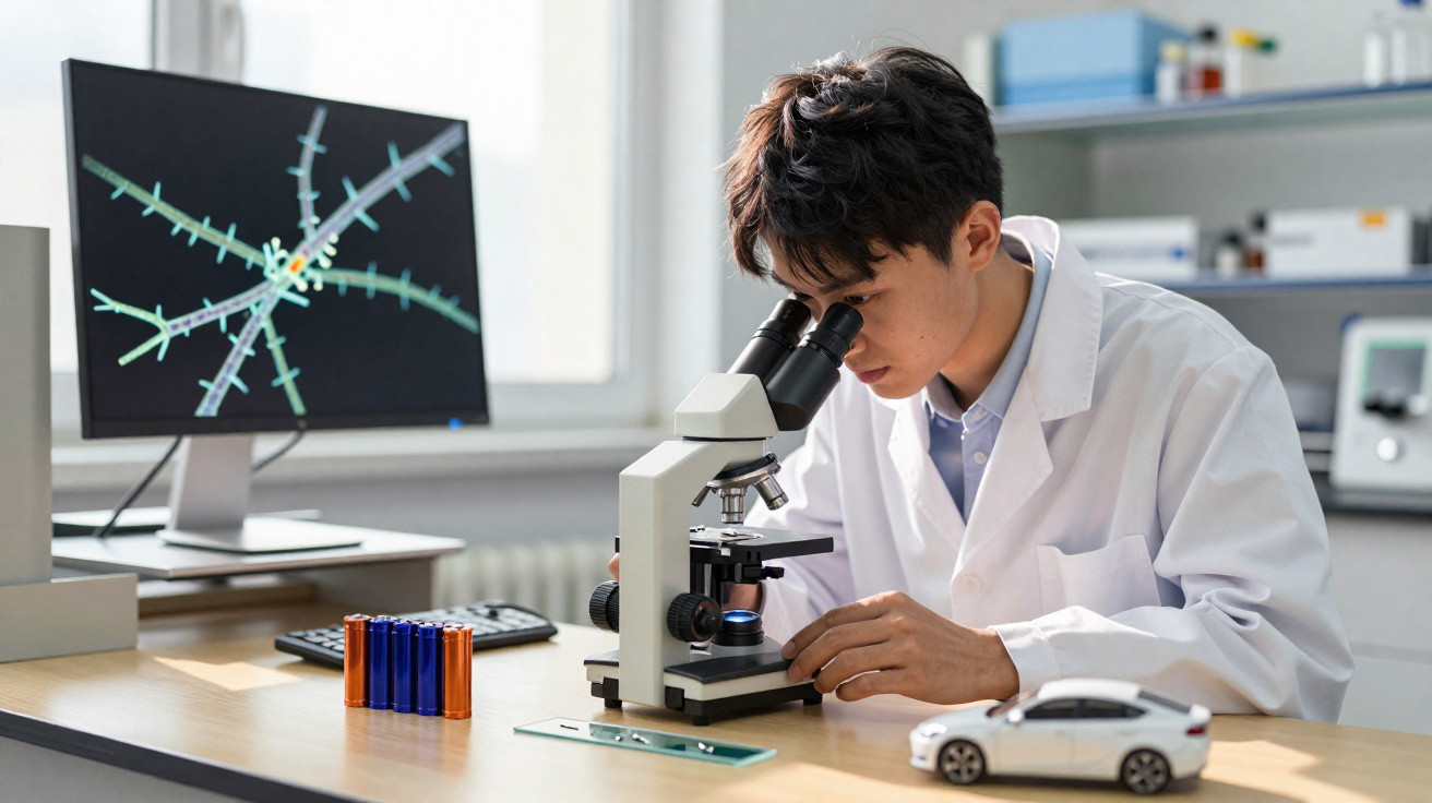 Jovem cientista observando amostra em microscópio em laboratório com computador e miniatura de carro.