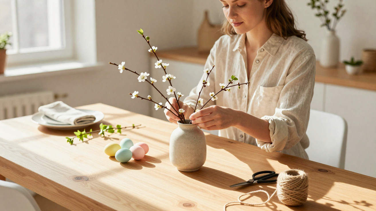 Mulher arrumando flores brancas em vaso, com ovos coloridos e material de artesanato sobre mesa de madeira.