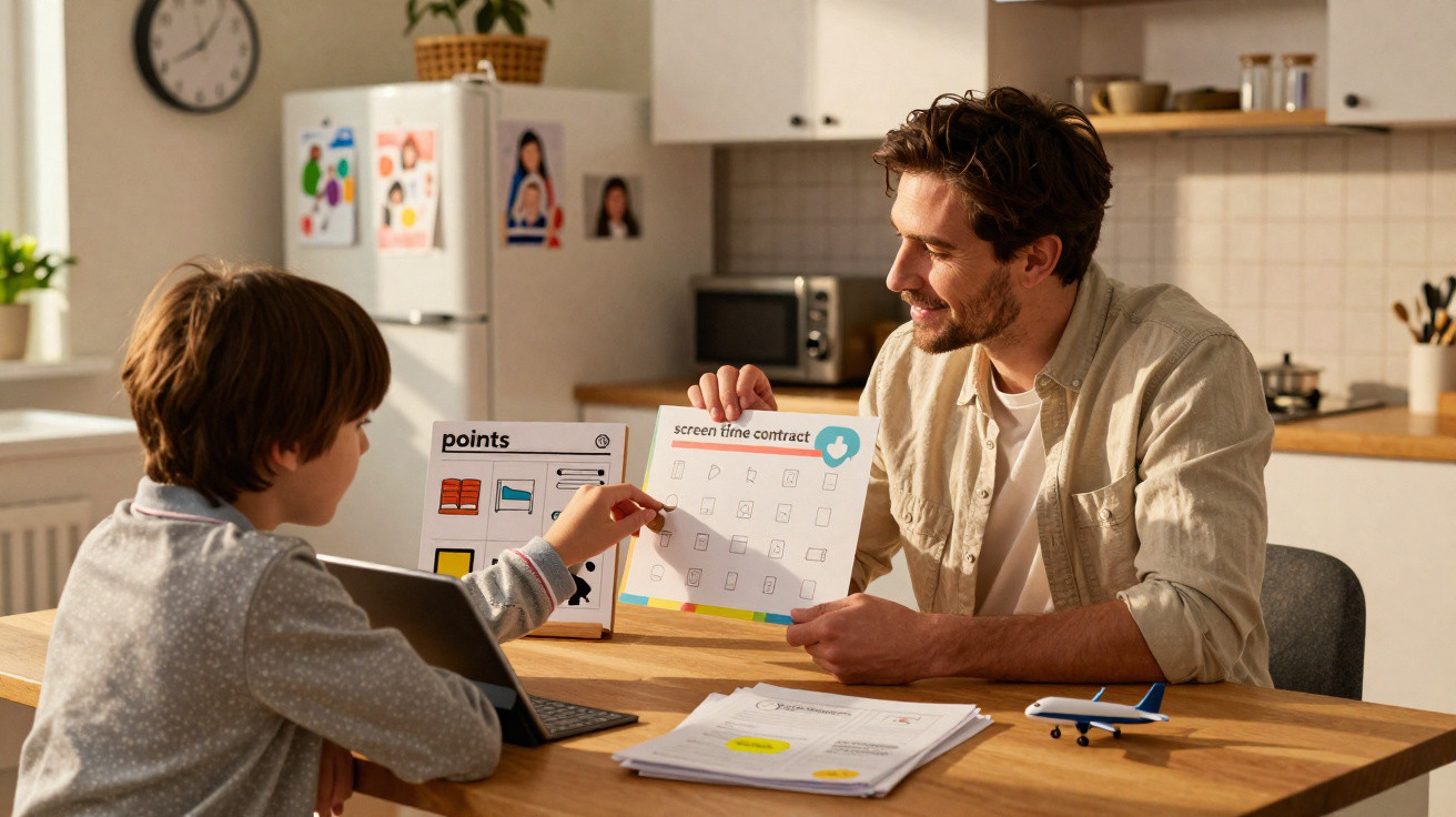 Pai e filho fazem contrato sobre uso de telas na cozinha, com laptop e brinquedo de avião na mesa.