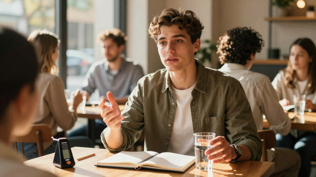 Jovem sentado à mesa com caderno aberto, segurando copo de água e conversando com outra pessoa.