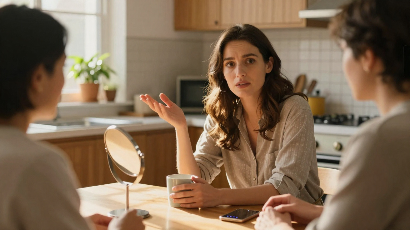 Três mulheres conversando em uma cozinha, uma delas gesticulando enquanto segura uma xícara.