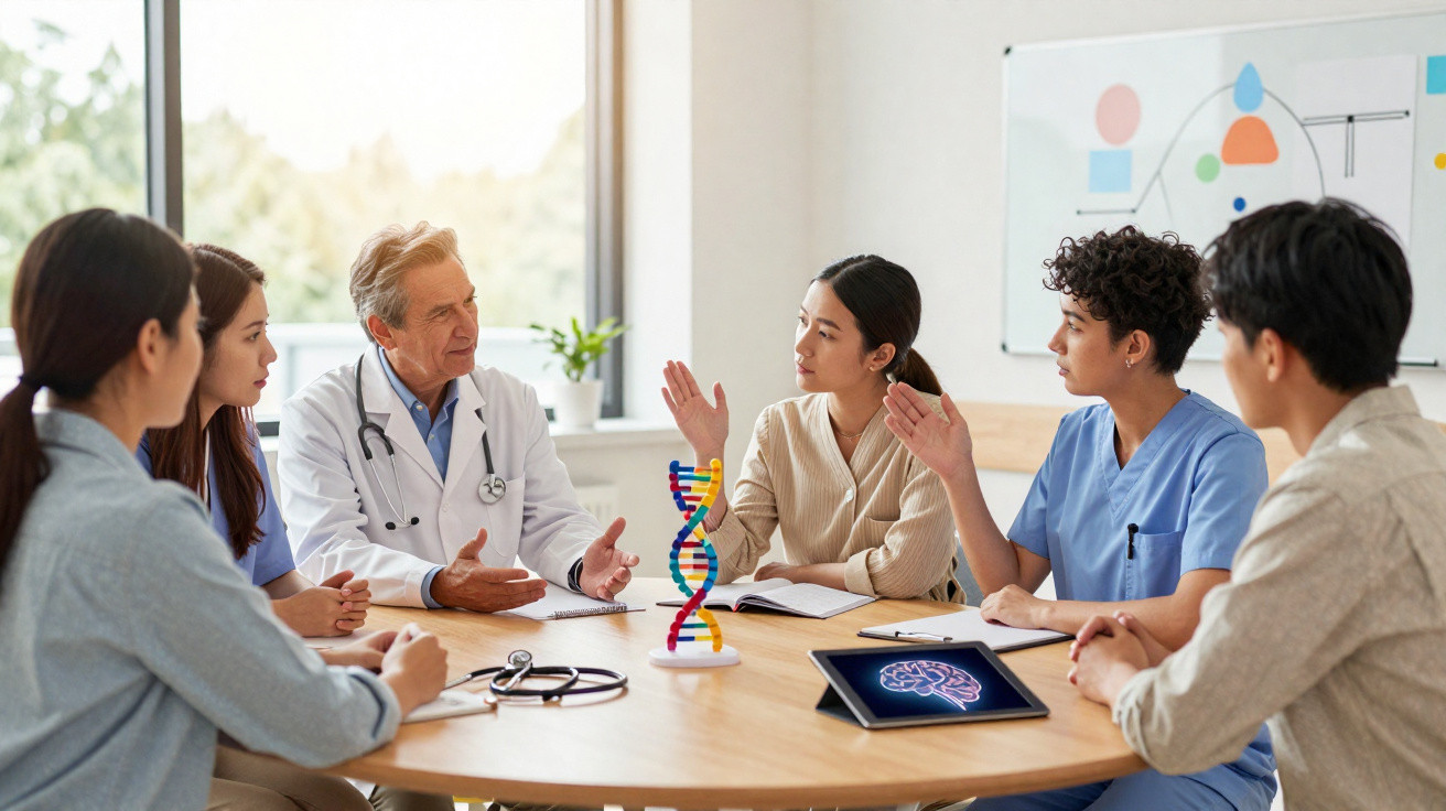Equipe médica discutindo em reunião com modelo de DNA e tablet exibindo imagem de cérebro na mesa.