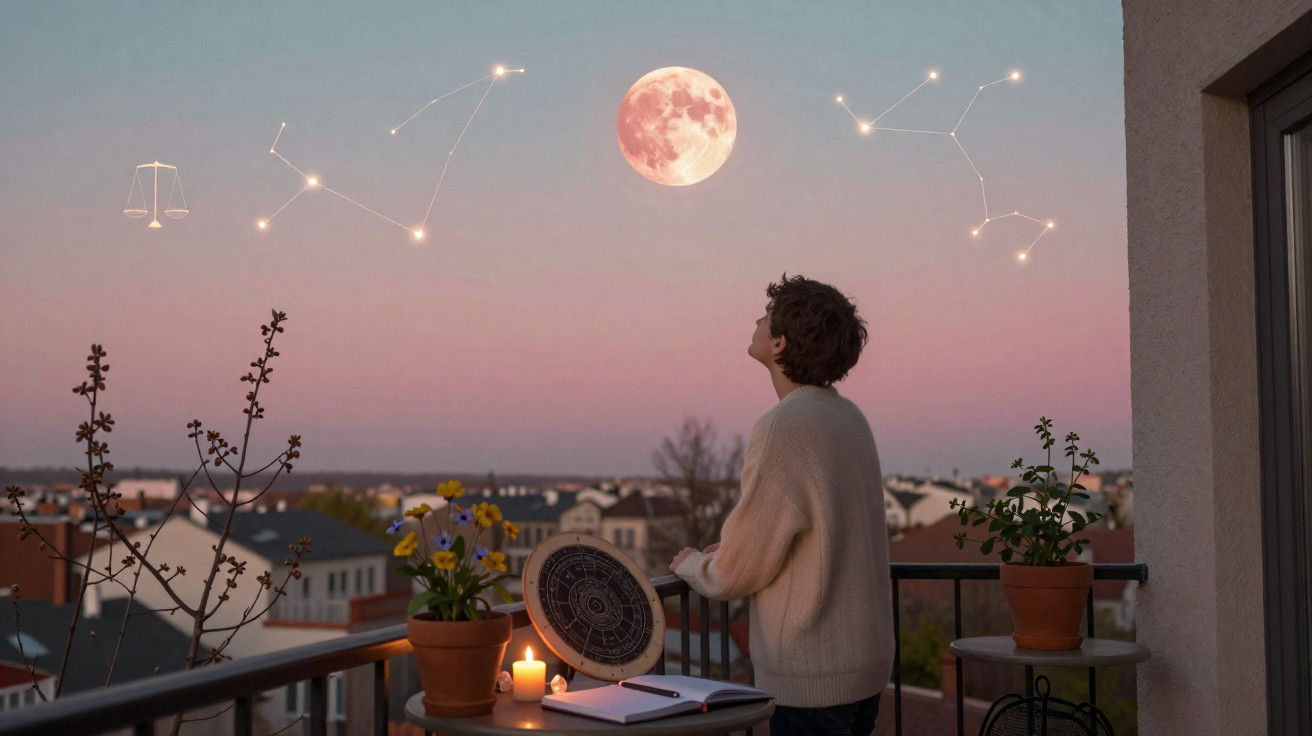 Pessoa observando a lua cheia e constelações com símbolos de astrologia em sacada ao entardecer.