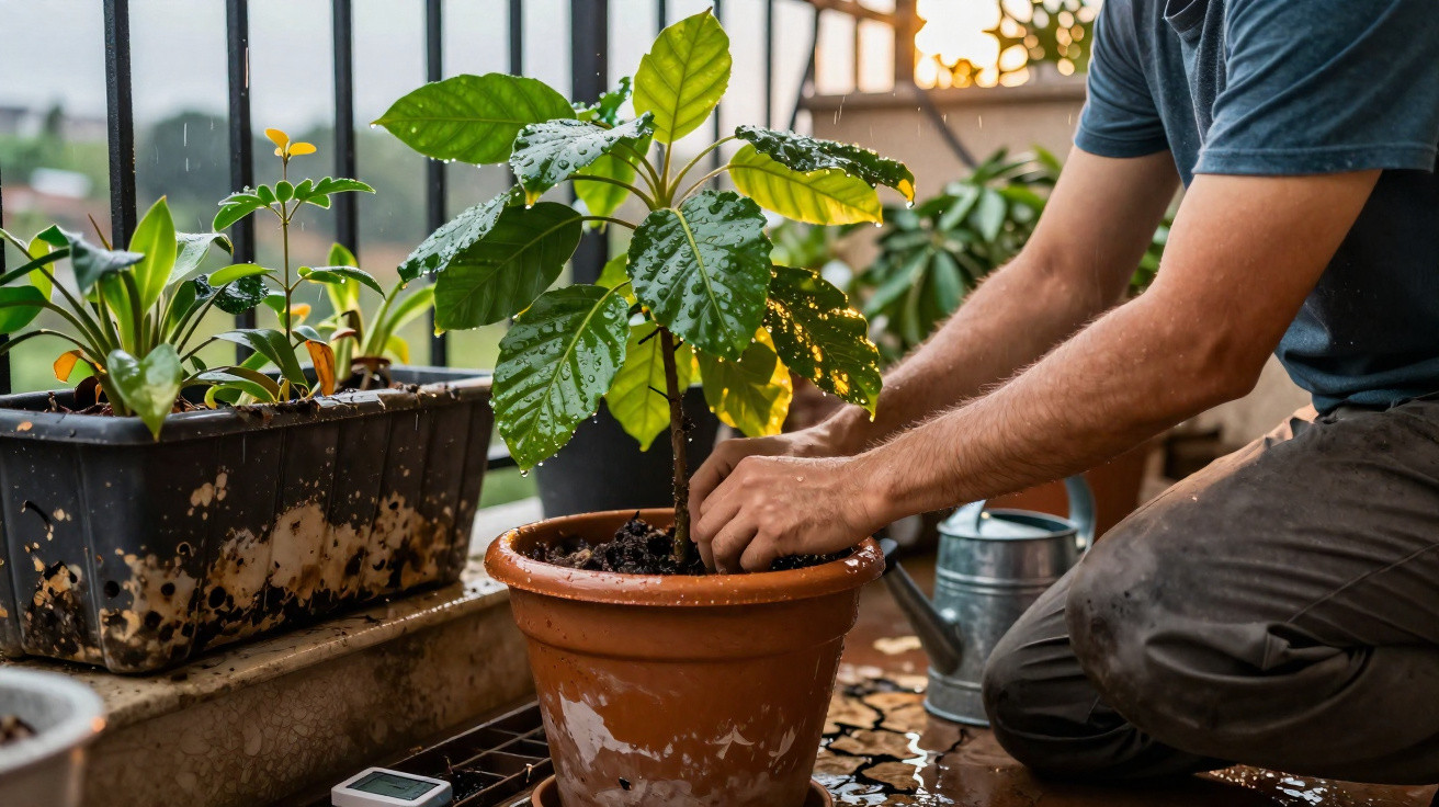 Pessoa cuidando de planta em vaso de barro em varanda com regador e outras plantas ao fundo.