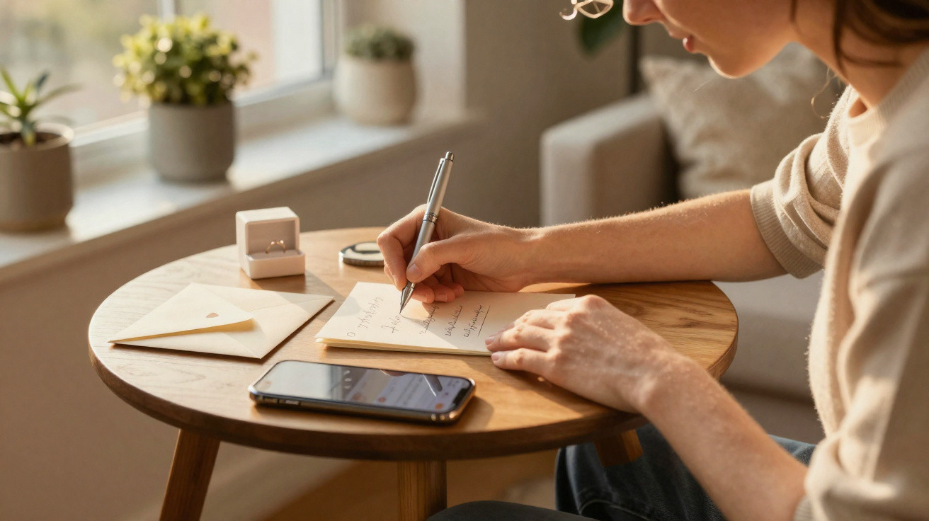 Pessoa escrevendo em caderno sobre mesa com anel em estojo, envelope e celular próximo à janela com plantas.