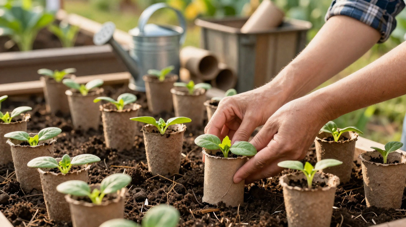 Mãos cuidando de mudas verdes em pequenos vasos biodegradáveis com regador e plantas ao fundo.