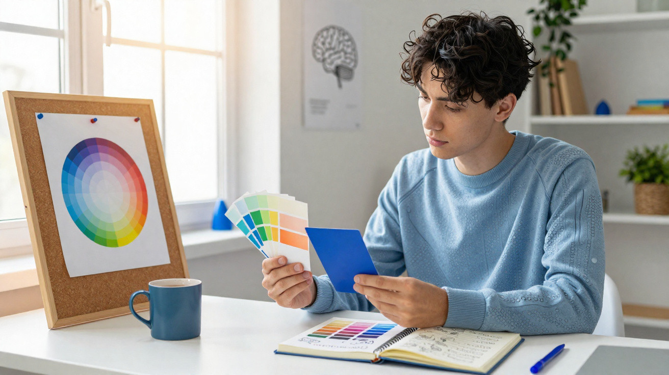 Jovem analisa amostras de cores em ambiente iluminado com círculo cromático e caderno à sua frente.