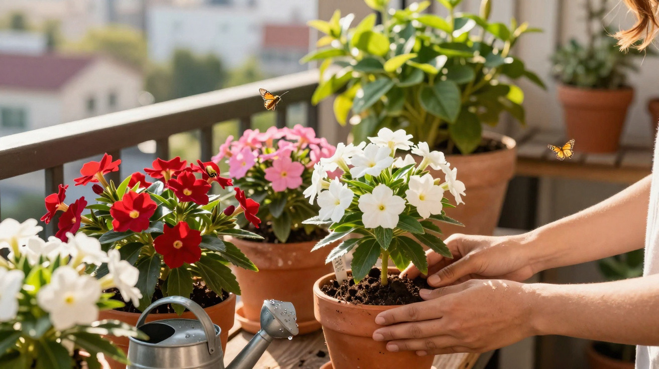 Mãos cuidando de flores coloridas em vasos de barro, com borboletas e regador ao redor em varanda ensolarada.