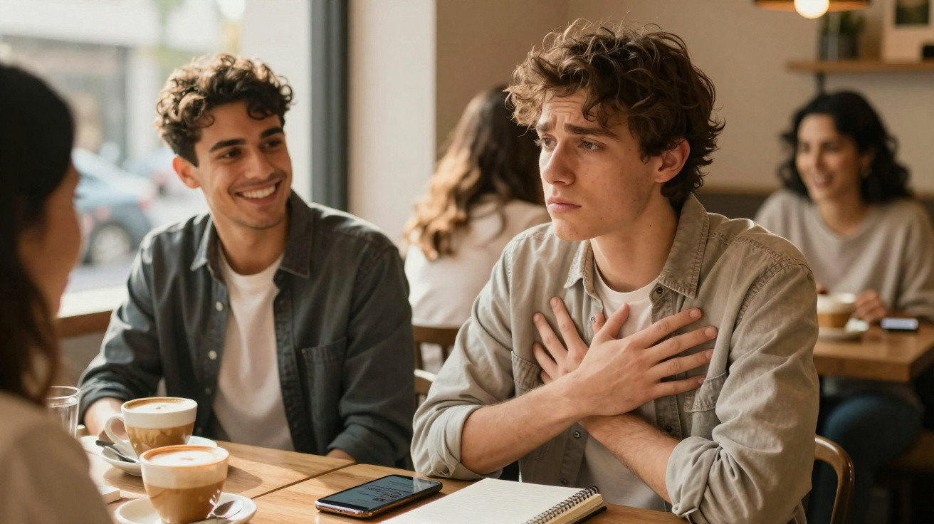 Jovem em dúvida com mãos no peito sentado à mesa de café, enquanto amigos sorriem na conversa.