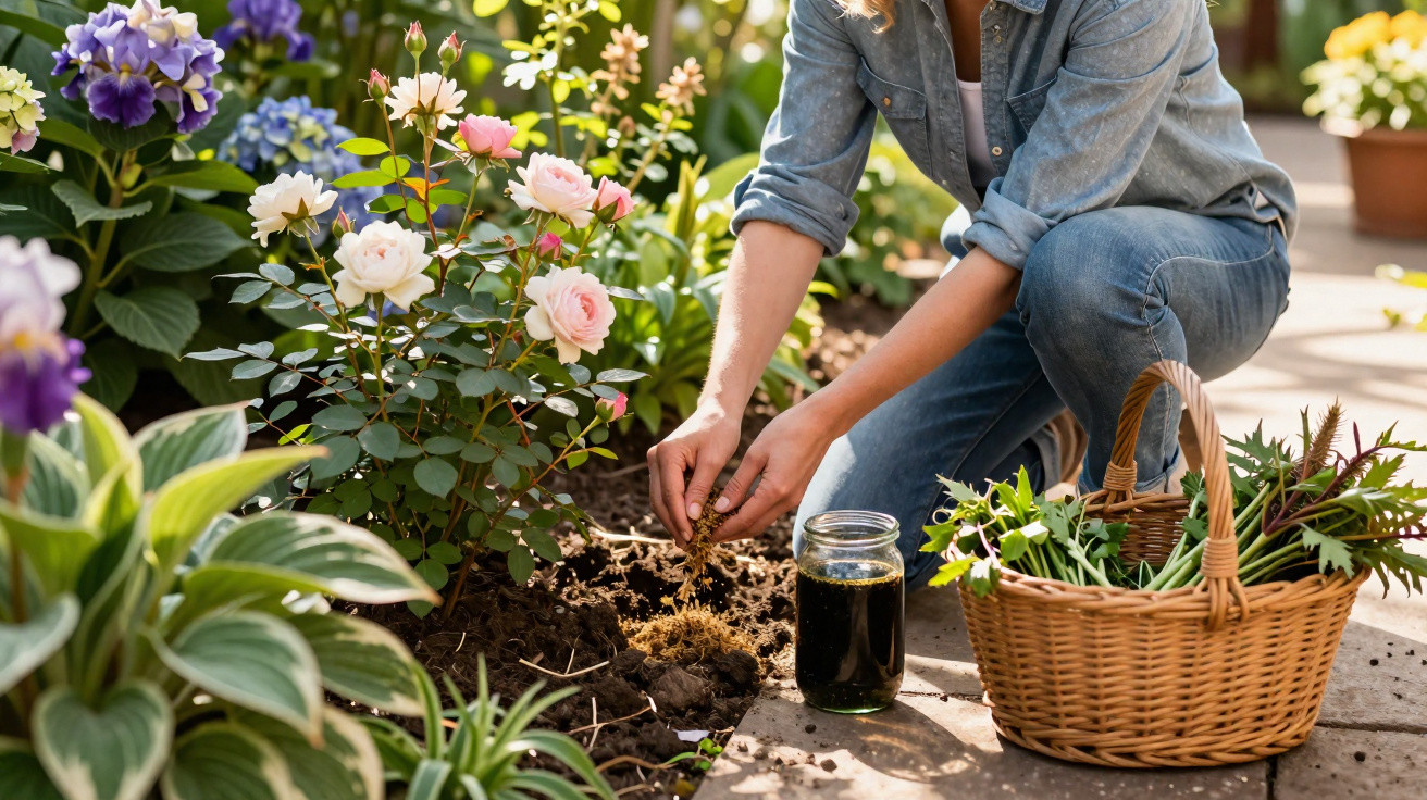 Mulher plantando flores em jardim com cesta de plantas ao lado em dia ensolarado.