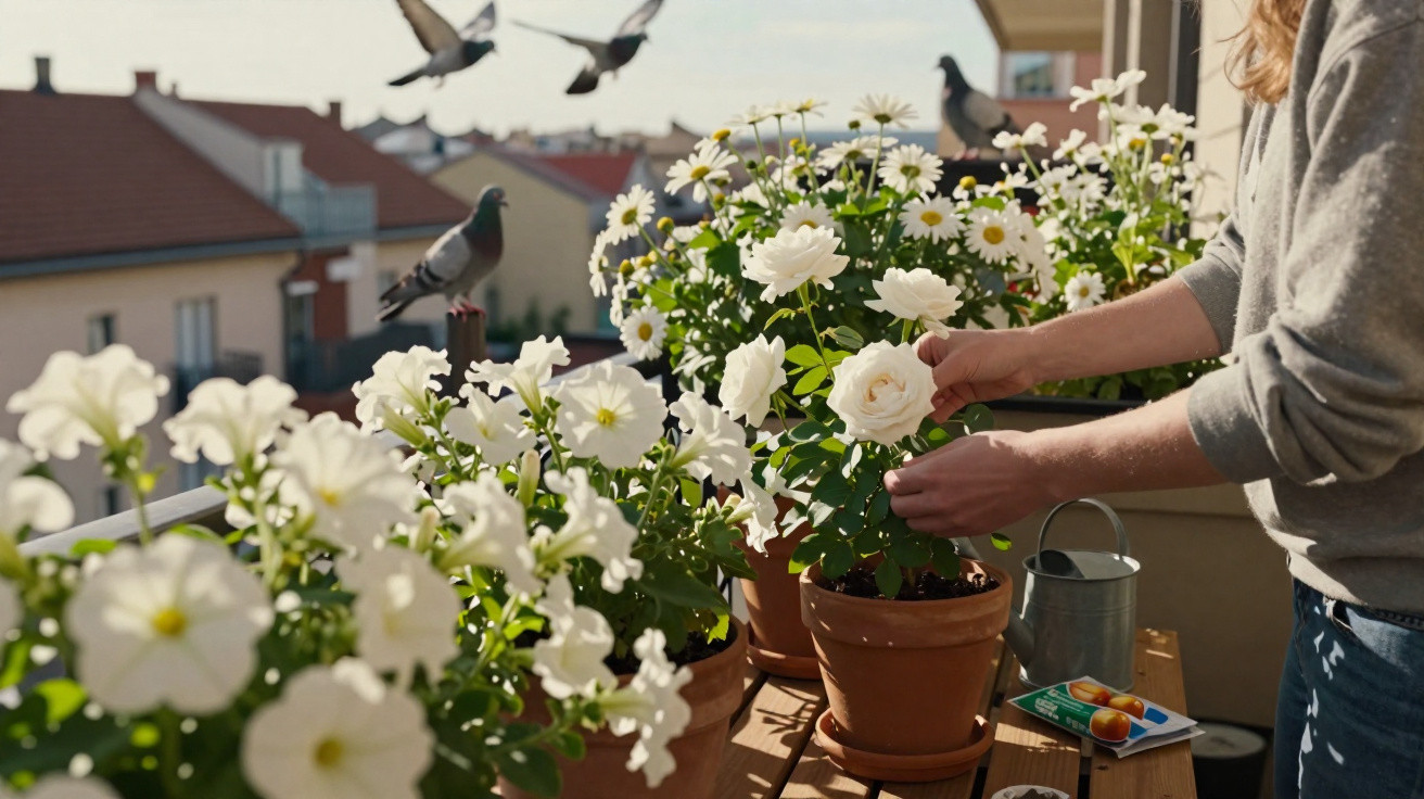 Pessoa cuidando de flores brancas em vasos no parapeito de uma janela com pombos ao fundo.