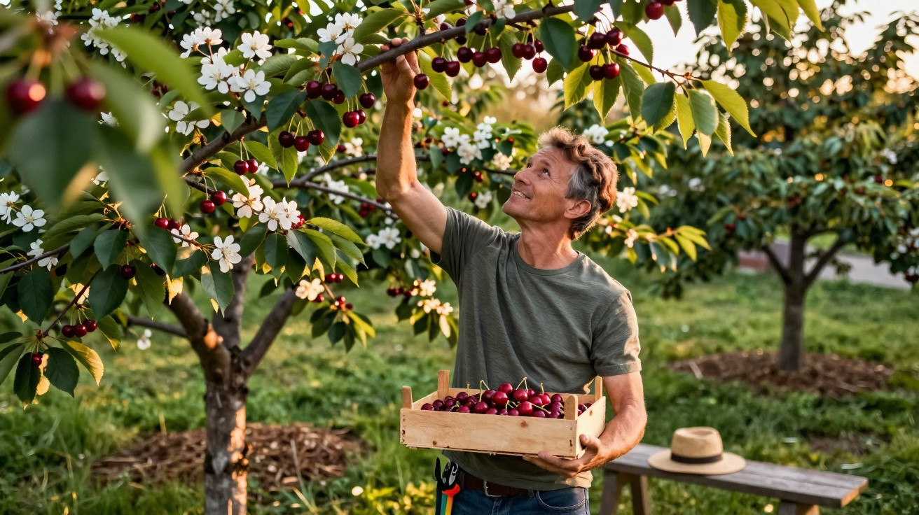 Homem colhendo cerejas maduras em pomar, segurando caixa de madeira cheia de frutas vermelhas.