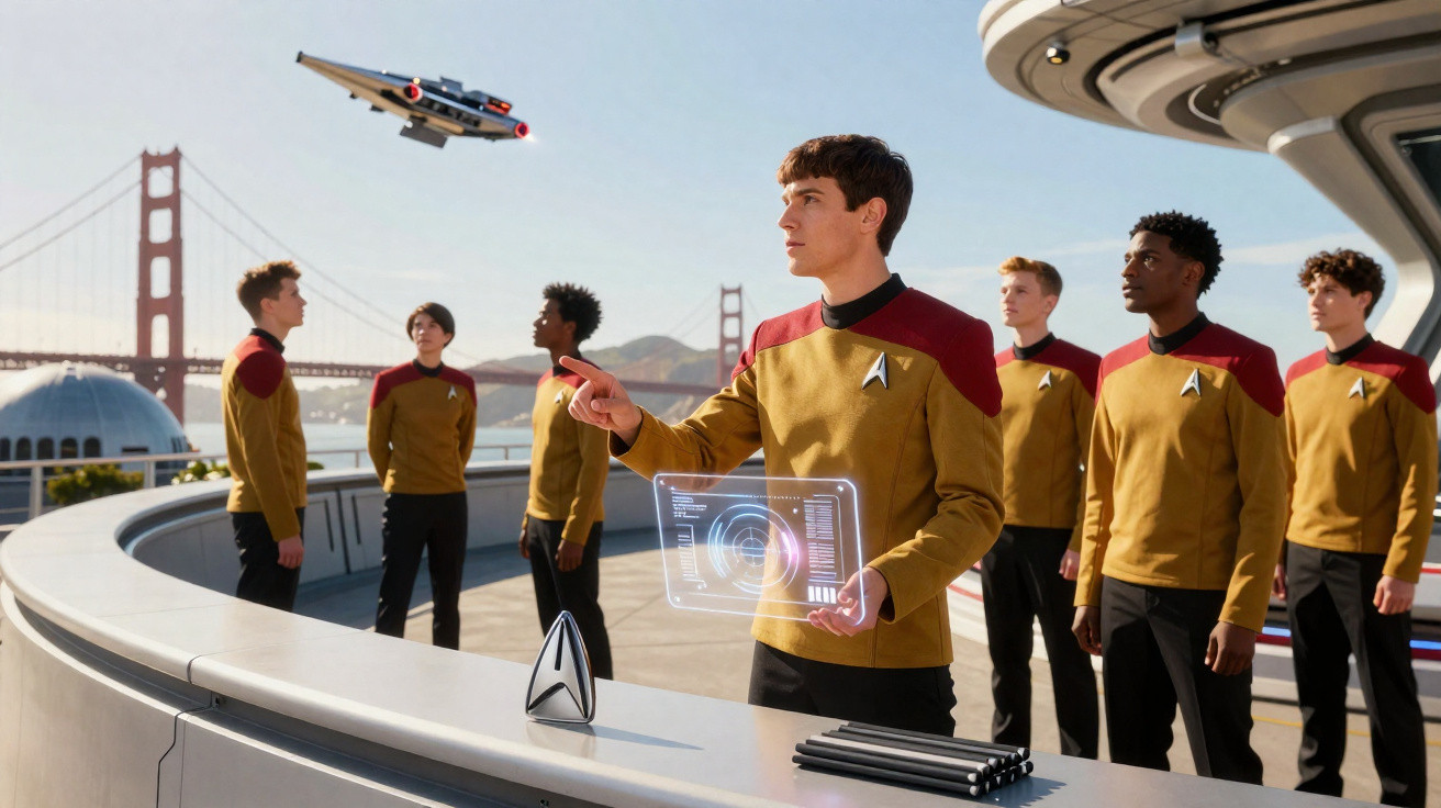 Jovens em uniformes espaciais observam nave futurista voando perto da ponte Golden Gate.