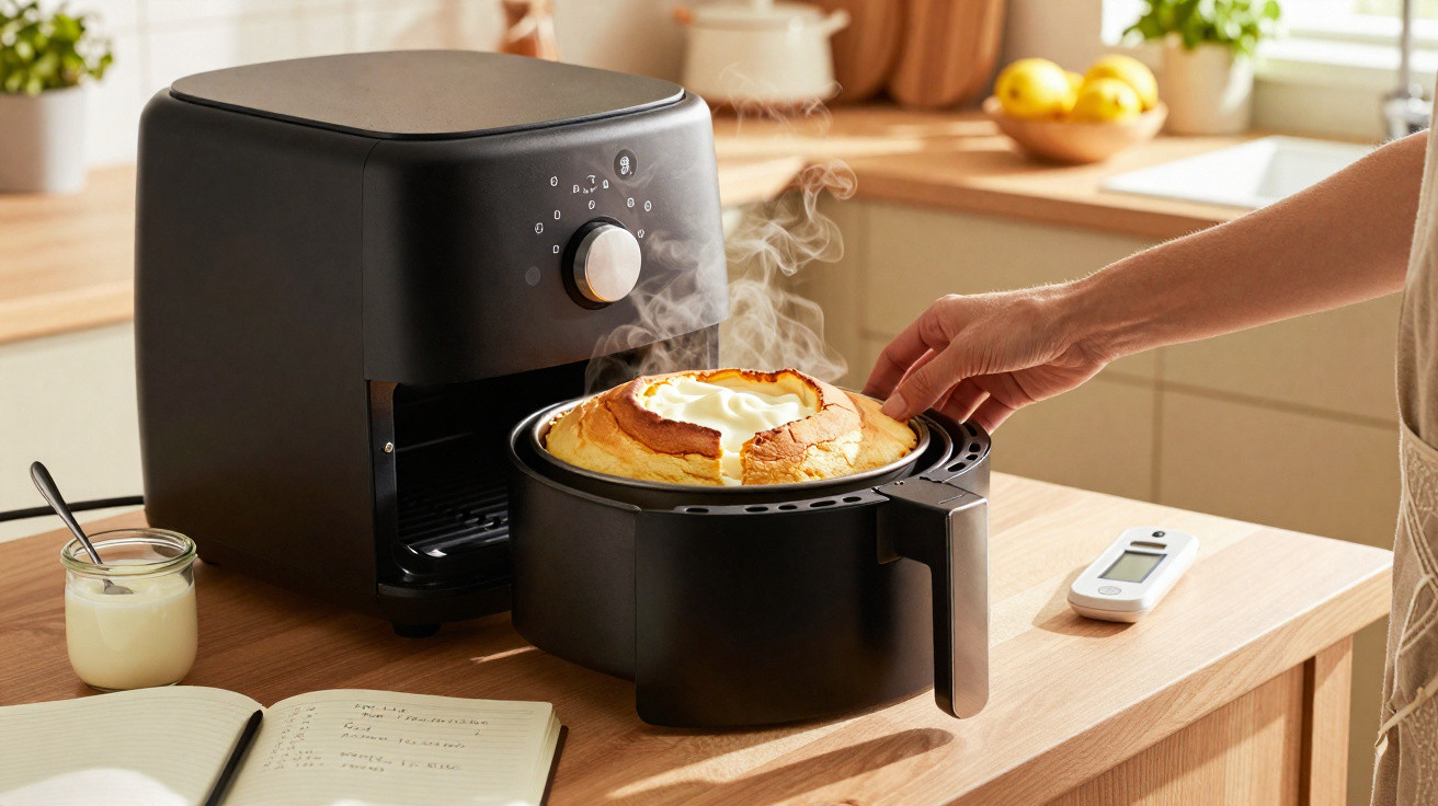 Pessoa retirando bolo quente de fritadeira elétrica preta em bancada de cozinha iluminada.