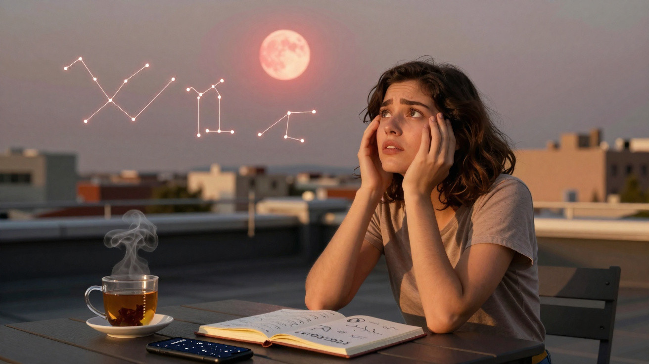 Mulher olhando para a lua cheia e constelações, com caderno, chá e celular sobre a mesa ao entardecer.