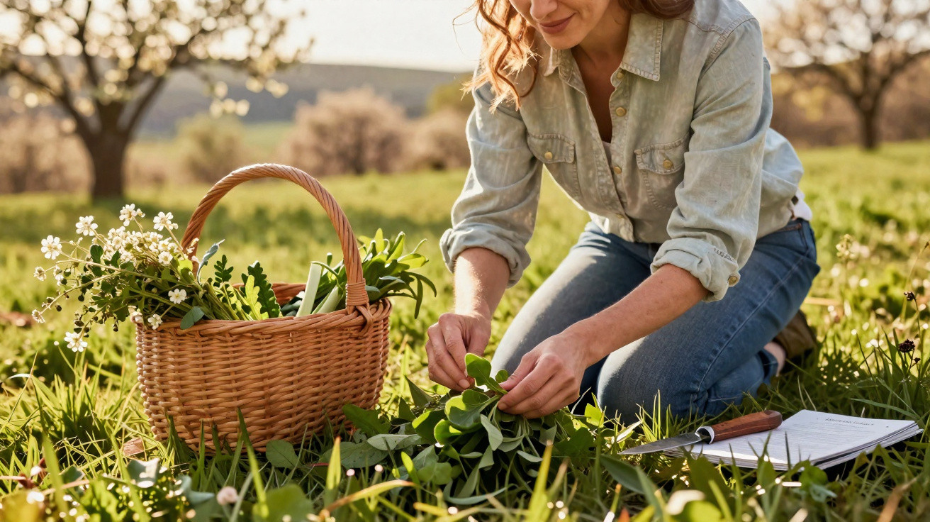 Mulher ajoelhada colhendo plantas e flores em campo ensolarado com cesta de vime ao lado.