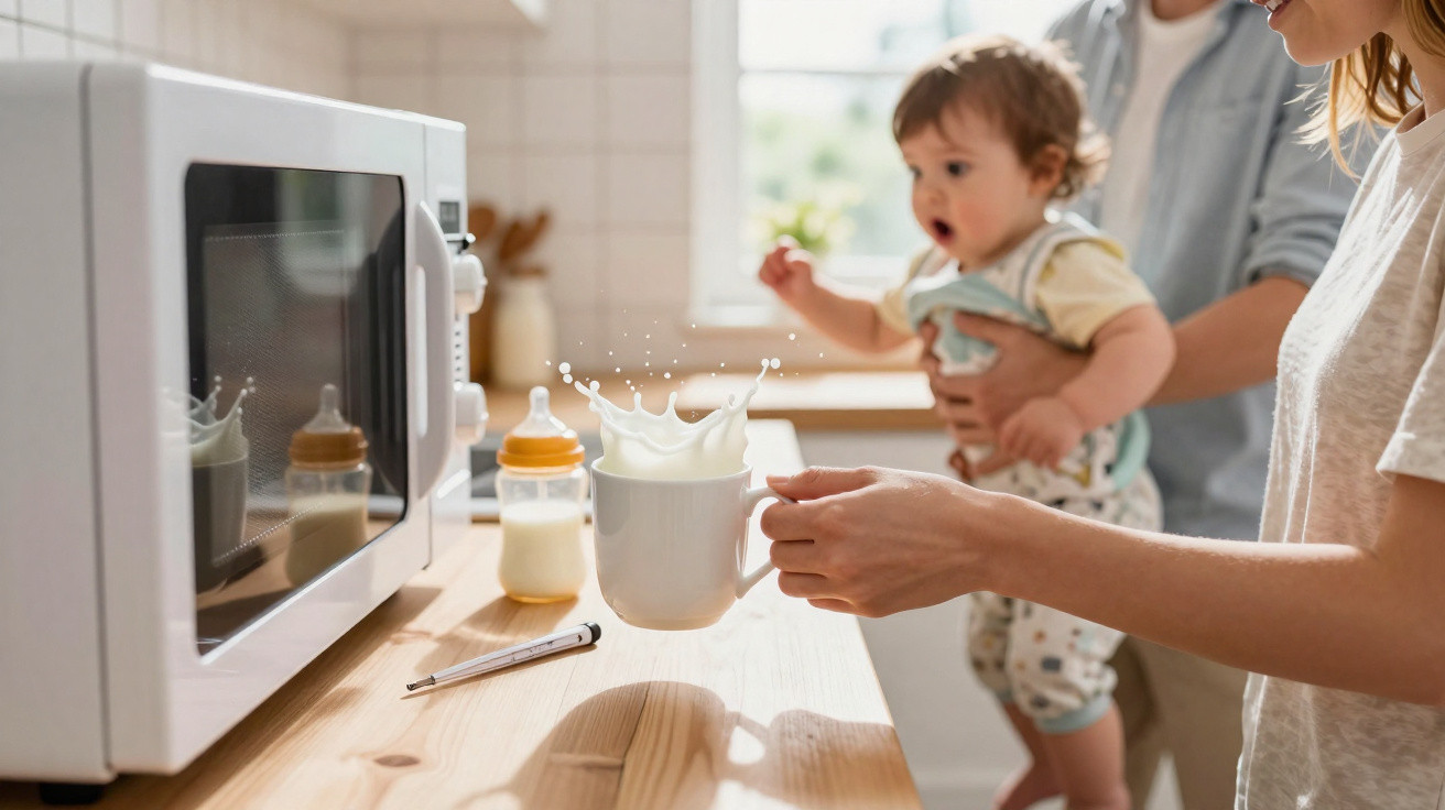Pessoa segurando caneca com leite derramando perto de micro-ondas, bebê observa surpreso no colo de adulto.