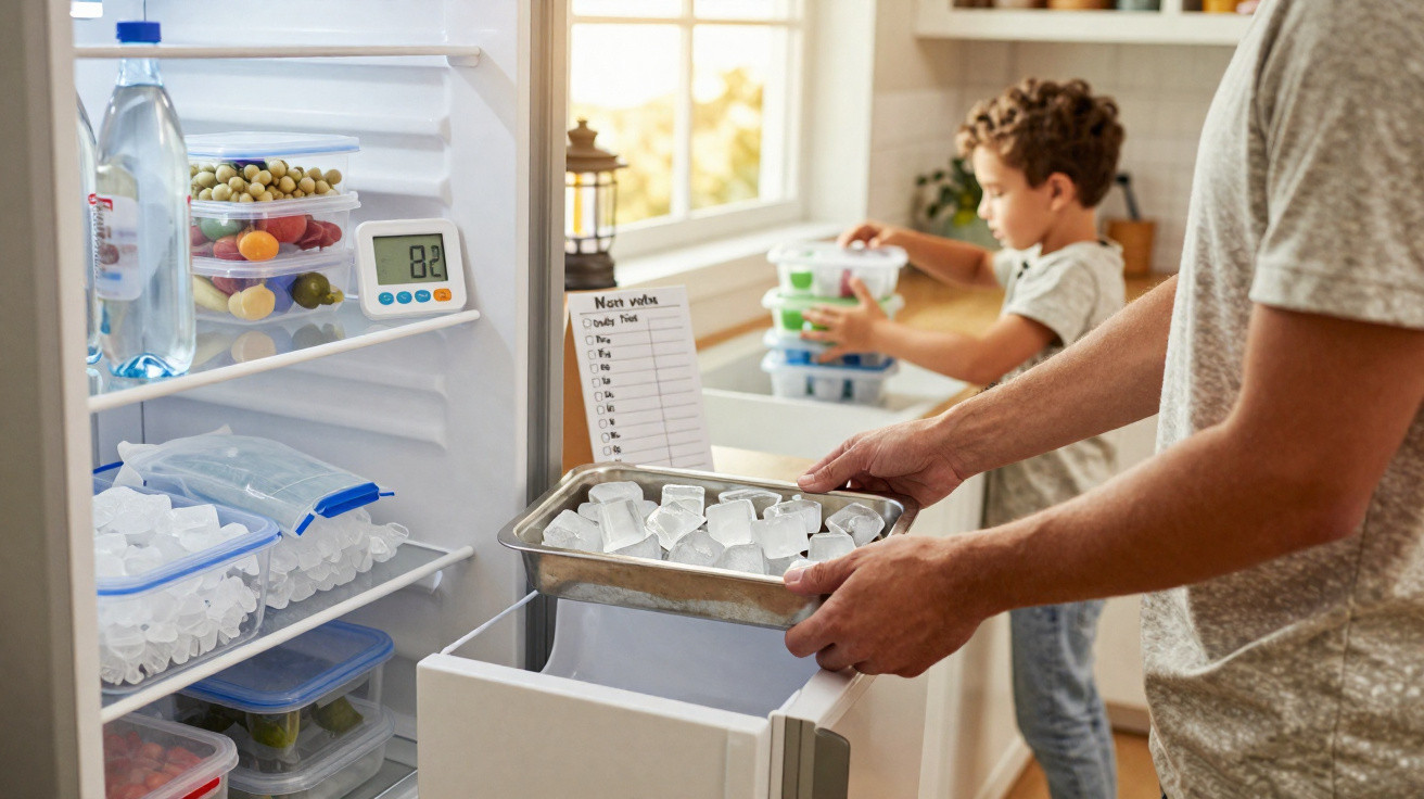 Pessoa colocando bandeja de gelo no freezer enquanto criança organiza potes na cozinha iluminada.