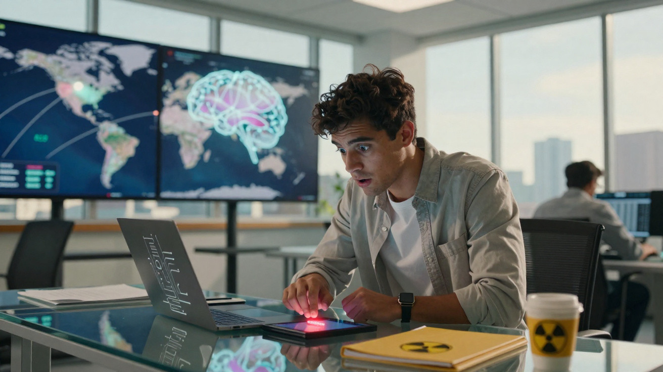 Homem jovem usando tablet com luz vermelha em escritório com mapas mundiais digitais ao fundo.