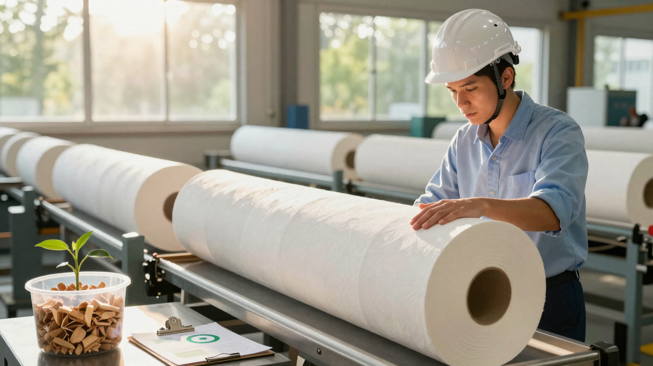 Homem com capacete branco inspeciona grandes rolos de papel em fábrica sustentável com planta ao lado.