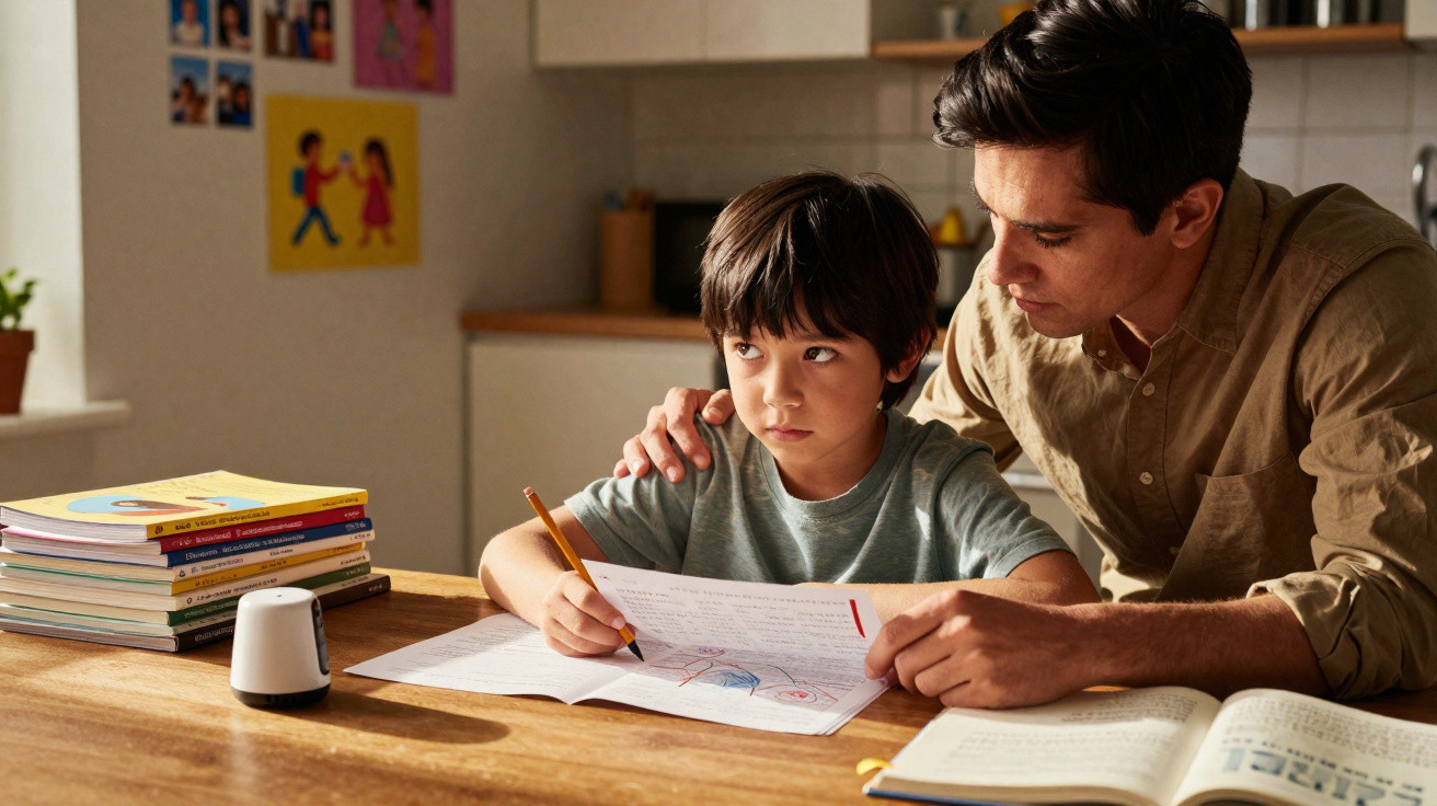 Pai ajuda filho com lição de casa em mesa com livros e cadernos em ambiente doméstico iluminado.