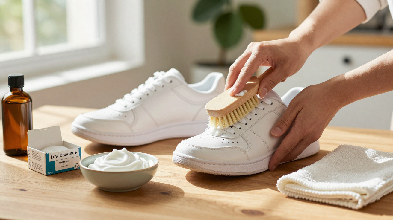 Pessoa limpando tênis branco com escova, creme e toalha sobre mesa de madeira em ambiente iluminado.