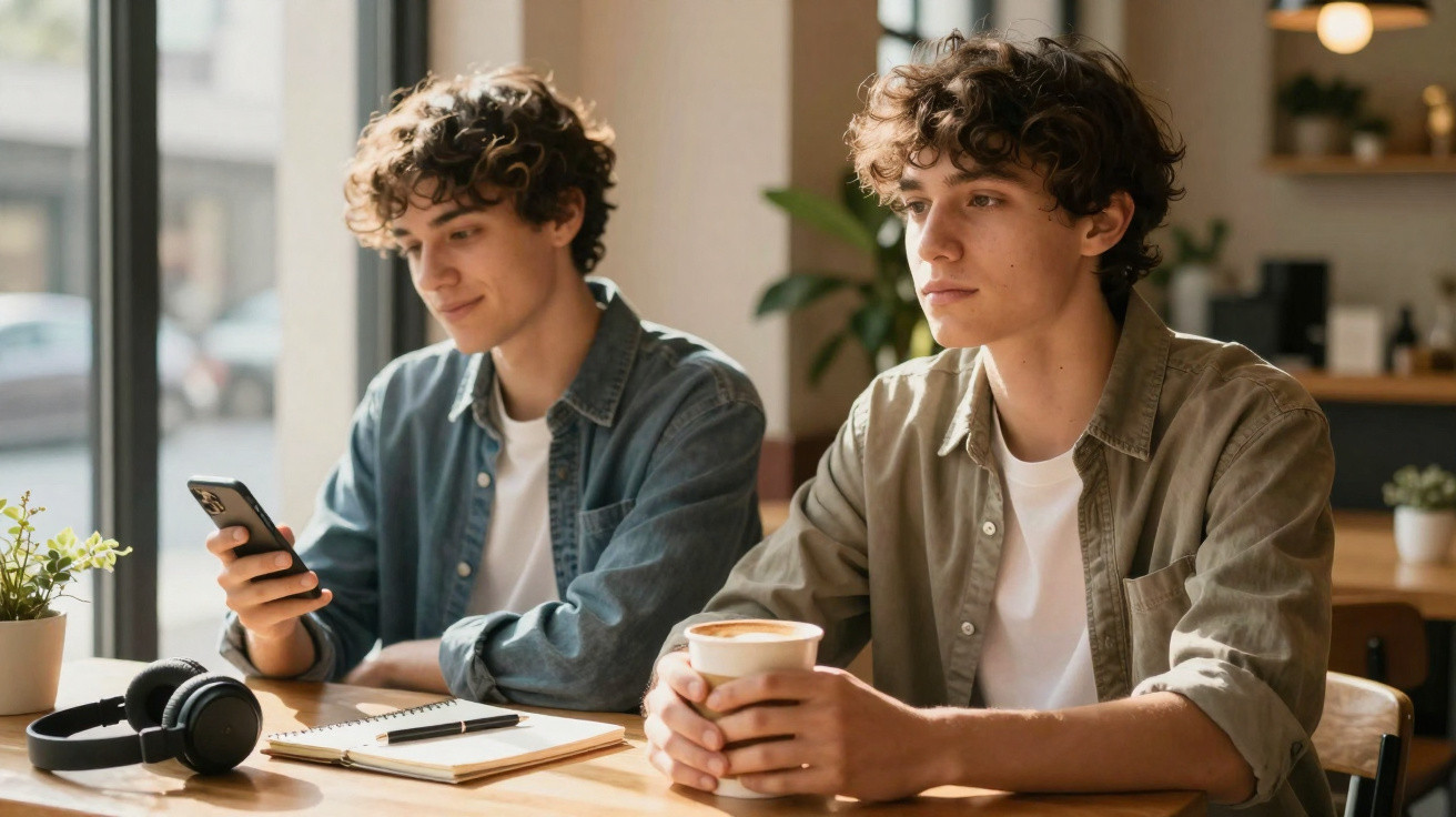 Dois jovens sentados à mesa de cafeteria, um com celular e outro segurando xícara de café.