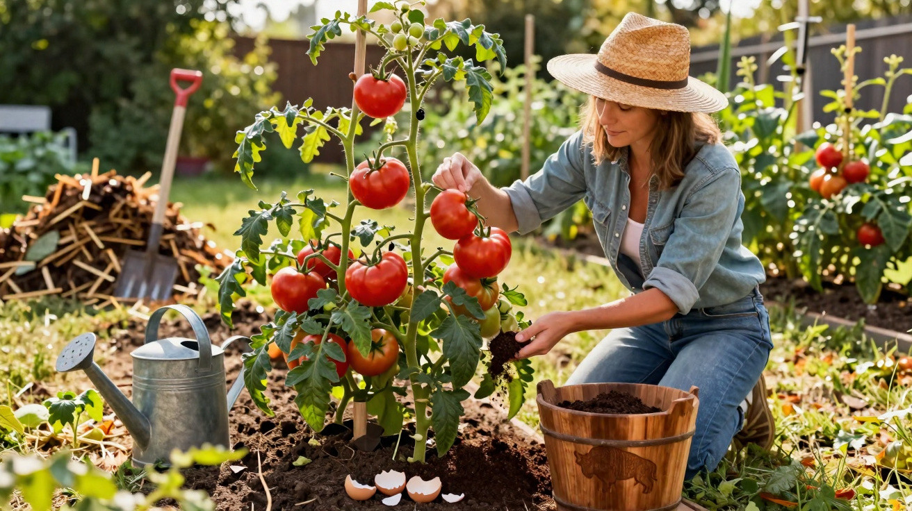 Mulher com chapéu cuidando de tomateiros carregados de tomates vermelhos maduros em horta ao ar livre.