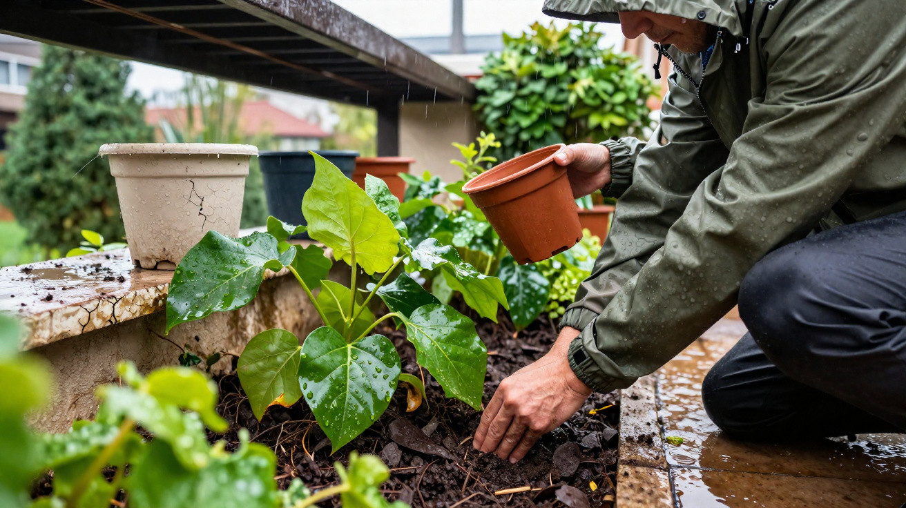 Pessoa com capa de chuva plantando mudas em canteiro molhado de jardim urbano durante chuva.
