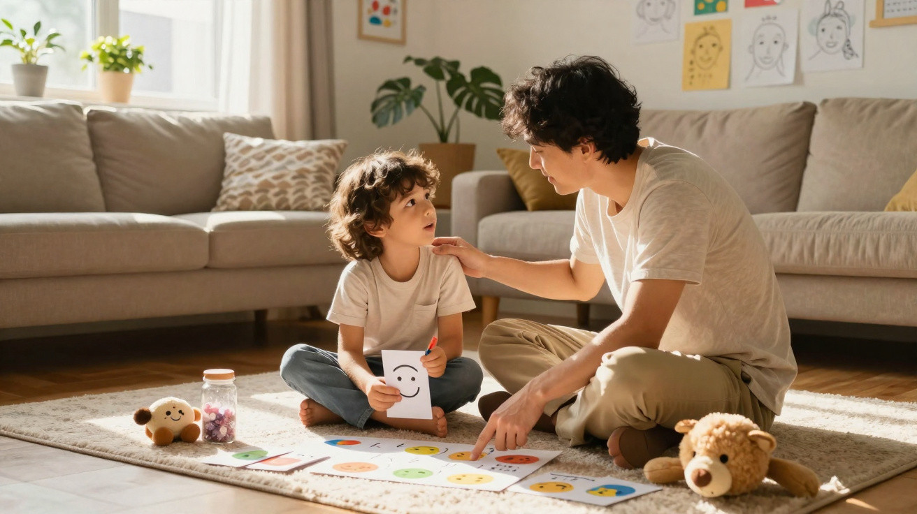 Pai e filho sentados no tapete da sala brincando com cartões de emoções e brinquedos ao redor.