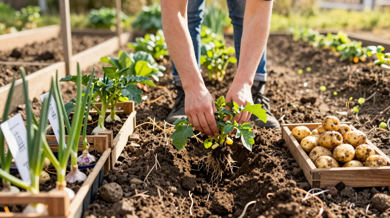 Pessoa plantando muda de batata em jardim com caixas de batatas e cebolas ao lado.
