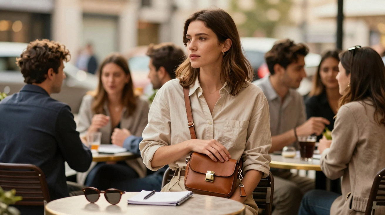 Mulher sentada em mesa de café ao ar livre, com bolsa marrom, olhando para o lado em ambiente urbano.