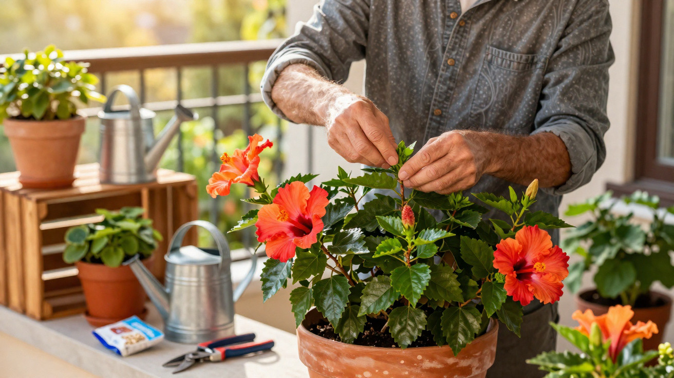 Pessoa cuidando de hibiscos vermelhos em vaso de barro em varanda ensolarada com ferramentas de jardinagem.