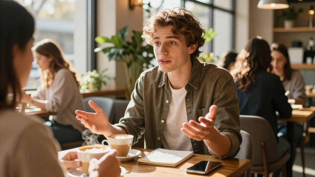 Jovem conversando animadamente com outra pessoa em cafeteria, com café e caderno na mesa.