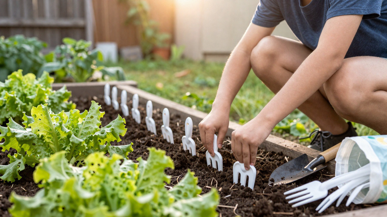 Pessoa plantando marcadores brancos em canteiro de vegetais ao ar livre em dia ensolarado.