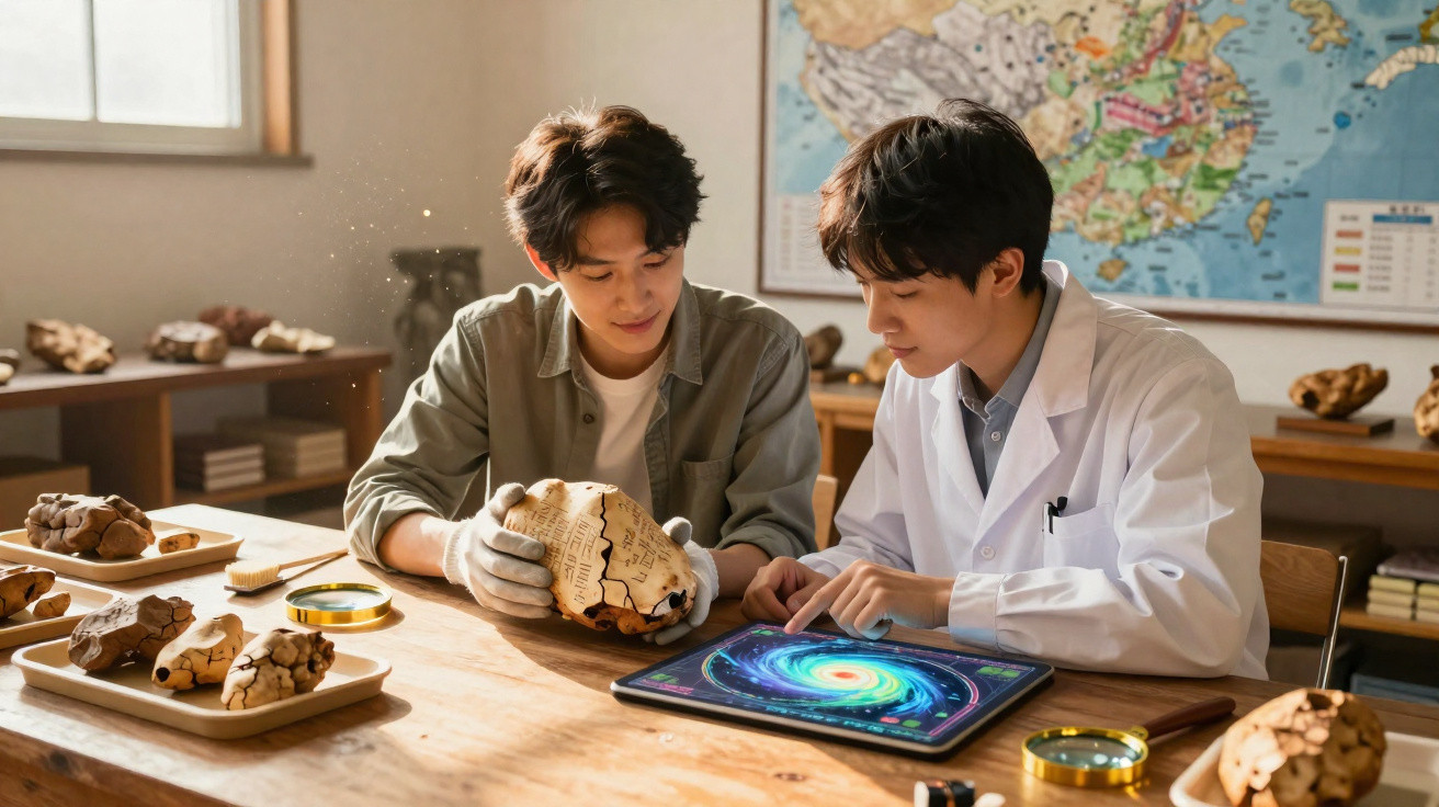 Dois jovens estudando um fóssil enquanto analisam imagem de galáxia em tablet em sala de aula.