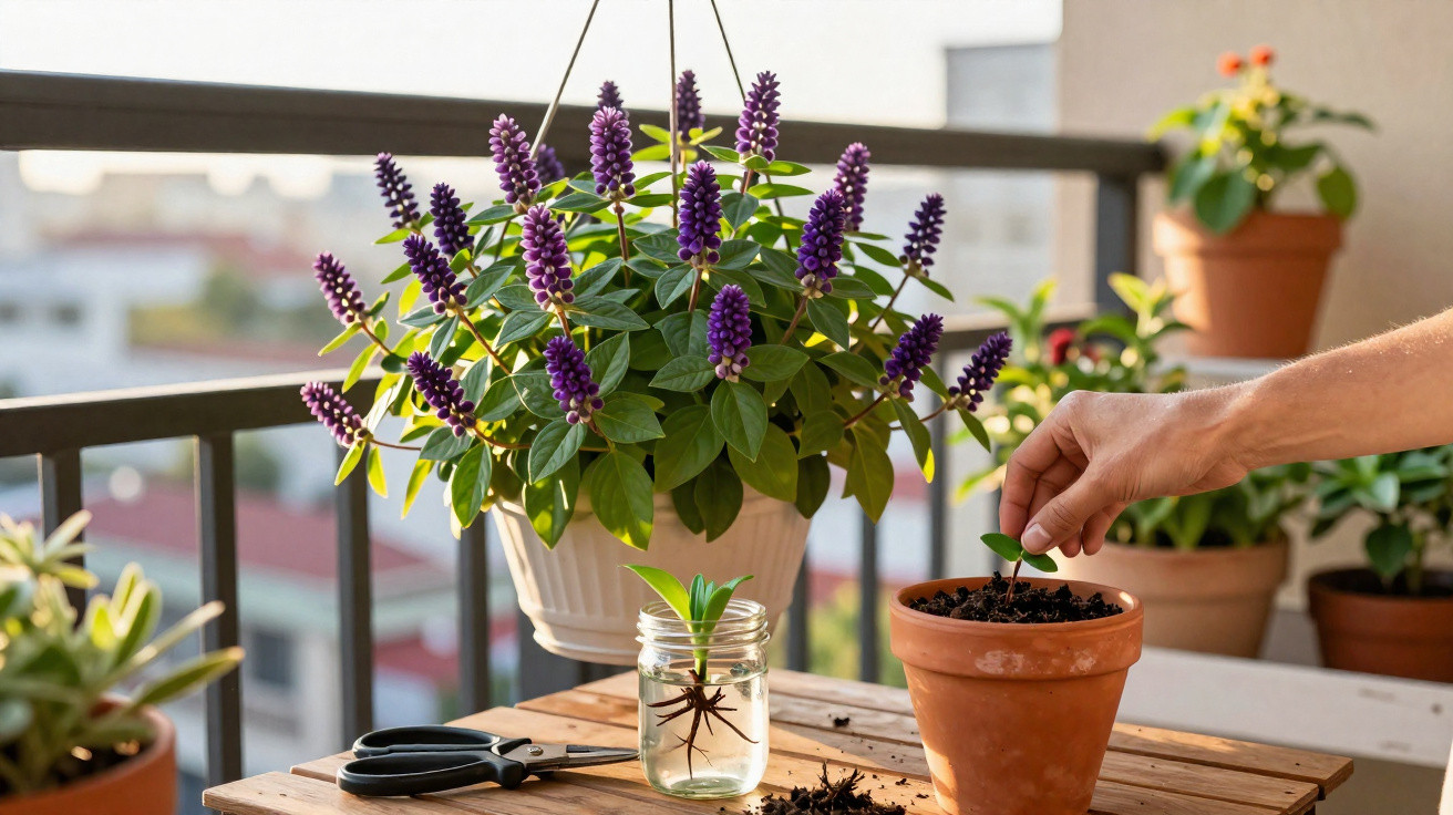 Planta com flores roxas pendurada e pessoa plantando semente em vaso de barro numa varanda.