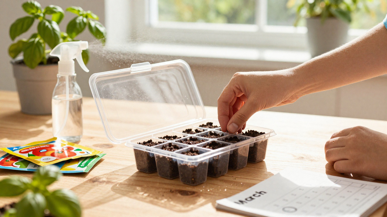 Mãos plantando sementes em bandeja com terra, com pulverizador, pacotes de sementes e calendário sobre mesa.