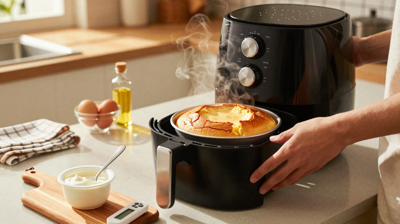 Bolo quente saindo de uma air fryer preta na cozinha com ingredientes ao fundo.