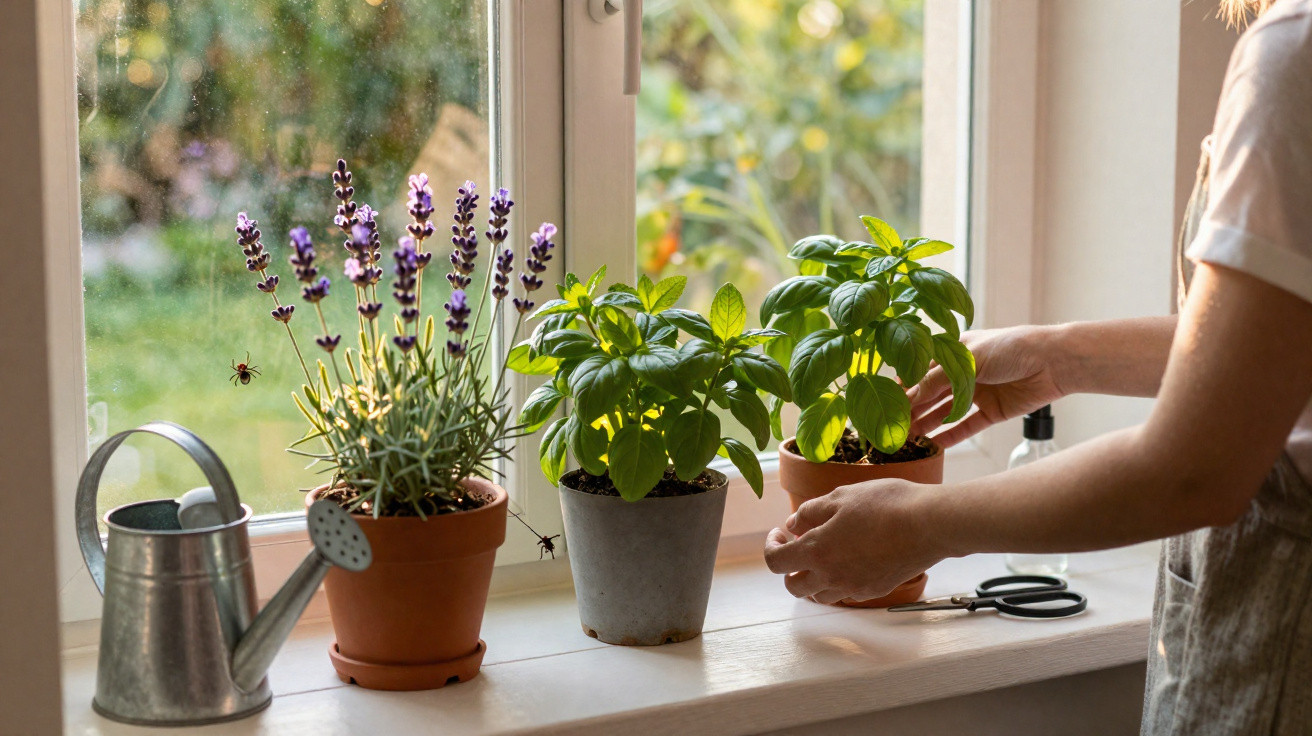 Pessoa cuidando de plantas em vasos na janela, com regador e tesoura ao lado.